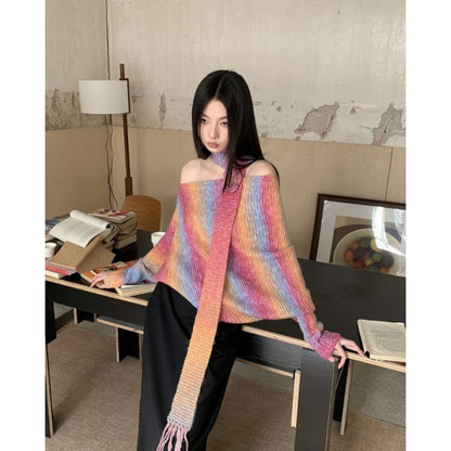 Women's Fashionable Casual Irregular Shoulder Pullover Soft Glutinous Knitted Sweater