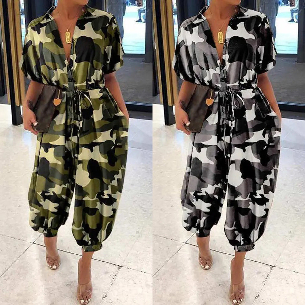 Women's Camo Short Sleeve Lapel High Waist Casual Loose Jumpsuit