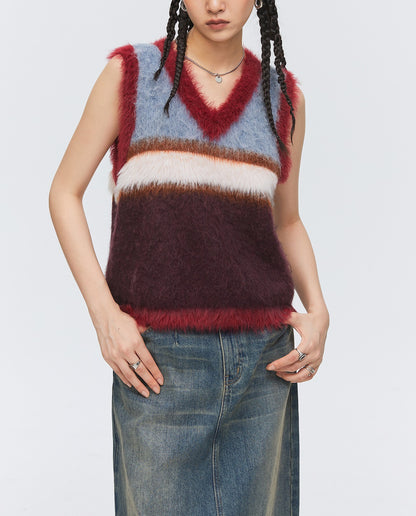 Wool Blended Long Velvet Wool Contrast Color Striped Knitted V-neck Vest Sweater