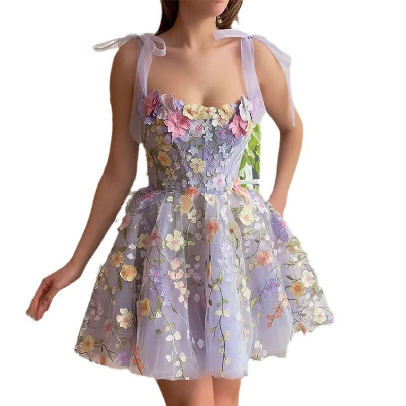 Women's Fashion Three-dimensional Flower Embroidered Sheath Sling Dress