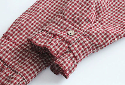 Cotton And Linen Ruffled Plaid Lapel Long-sleeved Shirt