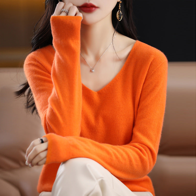 Women's Knitted New V-neck Pullover Sweater Wool Base Shirt