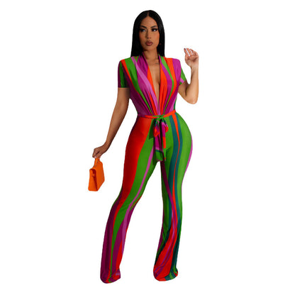 Women's Fashionable Contrasting Striped Printed Jumpsuit