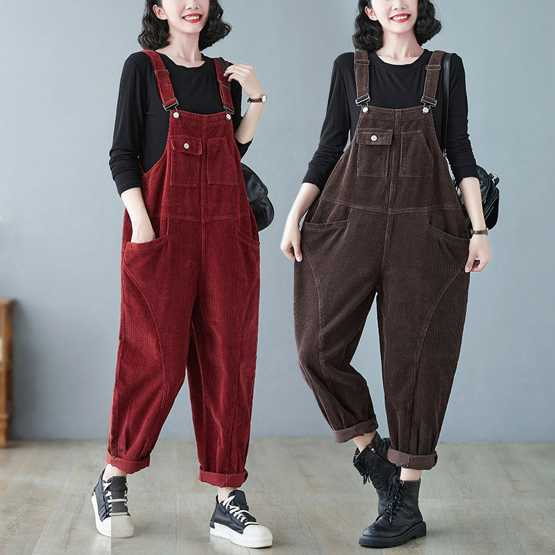 Women's Wide Leg Suspender Washed Corduroy Overalls