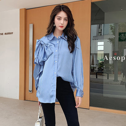 Casual Blue Striped Shirts For Women Lapel Long Sleeve Korean Bowknot Patchwork Blouses