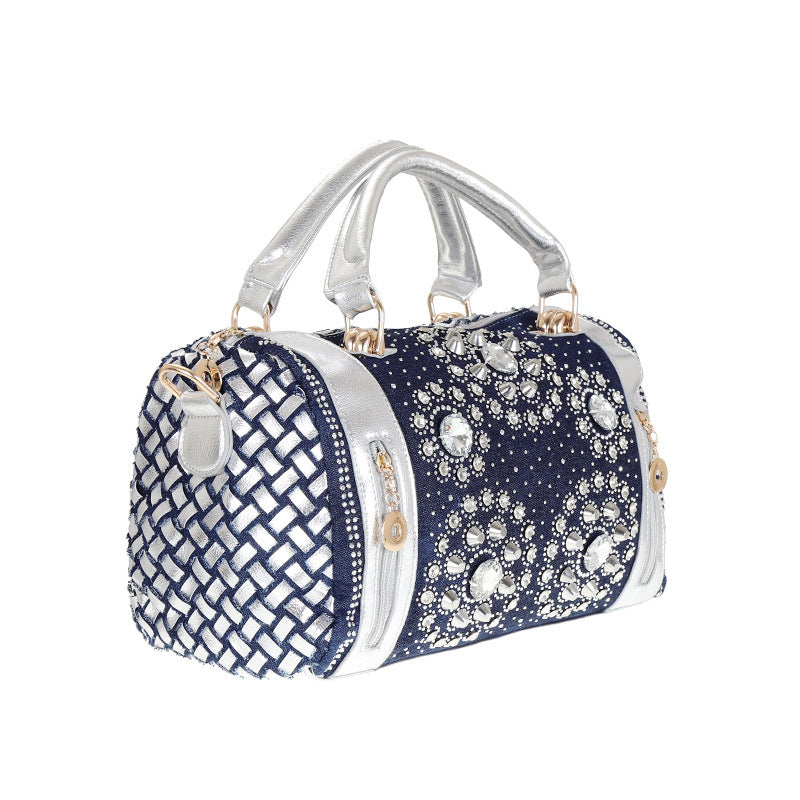 Denim Tasche Leinwand Gürtel Strass Geflochtene Nieten Runde Eimer Crossbody Schulter