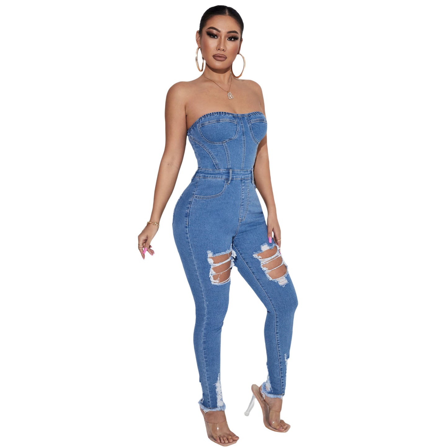 Women's Tube Top Slim Fit Denim Jumpsuit