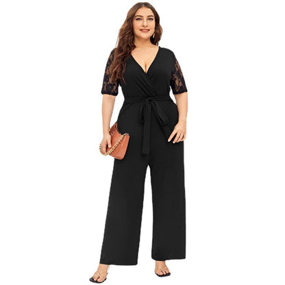 Women's Deep V Neck Lace Short Sleeve Plus Size Jumpsuit