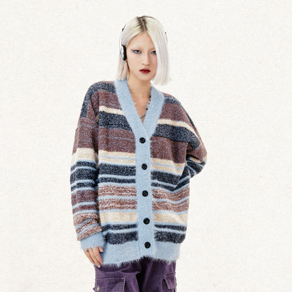 Frühen Herbst Paar Dopamin Gestreiften Strickjacke Campus Retro Weiche Klebrige Mohair Strickwaren