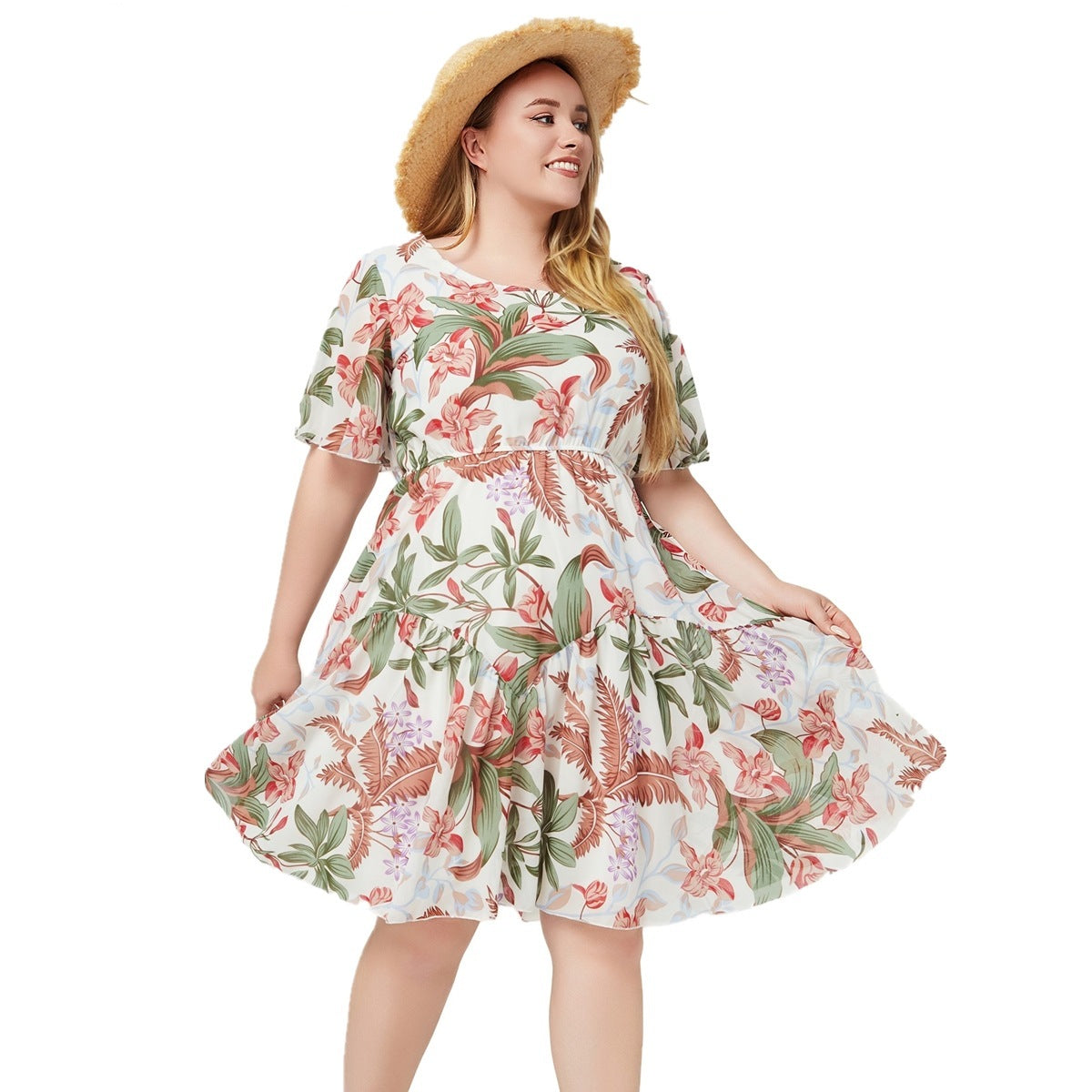 Women's Short Sleeve Printed Chiffon Dress