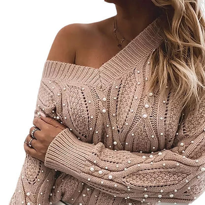 Women's Twist Collar Pullover Bead Long Sleeve Knitwear