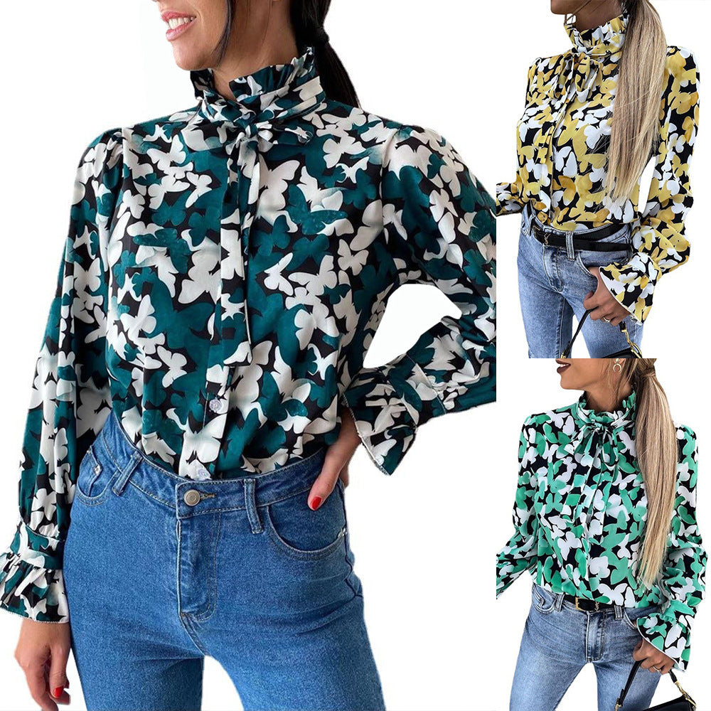 Camisa informal holgada de manga larga con estampado de mariposas a la moda