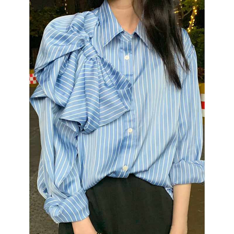 Casual Blue Striped Shirts For Women Lapel Long Sleeve Korean Bowknot Patchwork Blouses