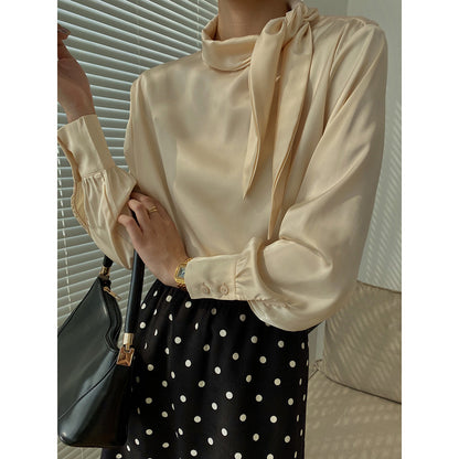 Advanced Bow Tie Design Light Mature Satin Shirt Women