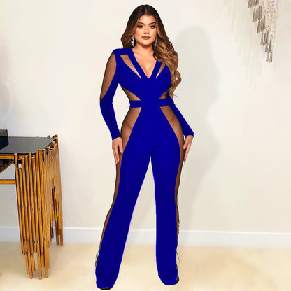 Women's Fashion Mesh Panel Jumpsuit Flared Pants