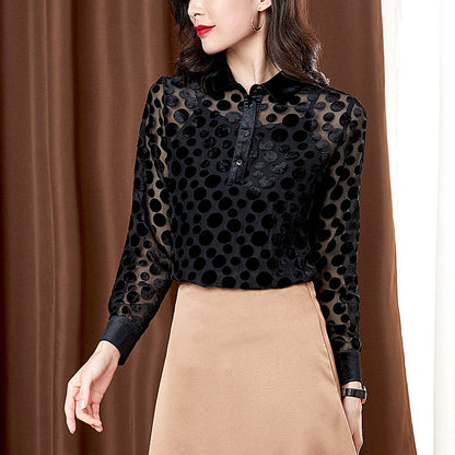 Top Flocking Design Polka Dot Perspective Shirt