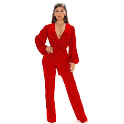 Jumpsuit mit tiefem V-Ausschnitt und langen Ärmeln für Damen mit Pailletten