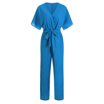 Women's V-Neck Tie Waist Solid Color Jumpsuit