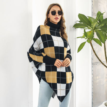 Mittellanger karierter Jacquard-Cape-Pullovermantel für Damen