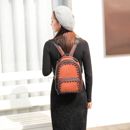 Top Layer Cowhide Rivet Backpack Casual All-match Female Bag