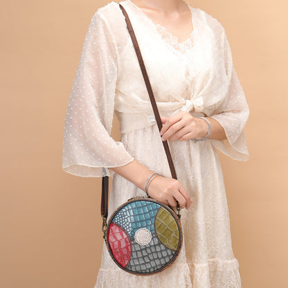 Top Layer Cowhide Small Round Bag Pattern One Shoulder Crossbody