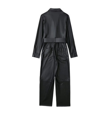 Faux Leather Belt Decorative Jumpsuit