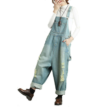 Vintage Art Loose Denim Suspenders Large Size Ripped Jumpsuit