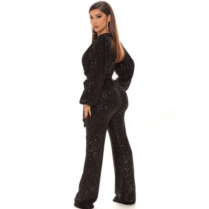 Jumpsuit mit tiefem V-Ausschnitt und langen Ärmeln für Damen mit Pailletten