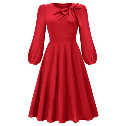 Herbst und Winter Langarm Rundhals Bowknot Kleid