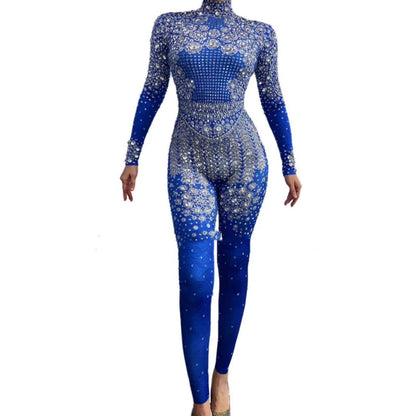 Women's Full Diamond Blue Printing Long Sleeve Jumpsuit