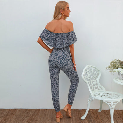 Women's Wrap Chest Leopard Print Open Back Jumpsuit