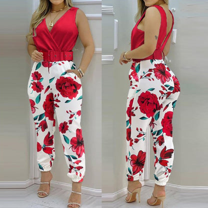 Women's V-Neck Backless Printed High Waist Jumpsuit