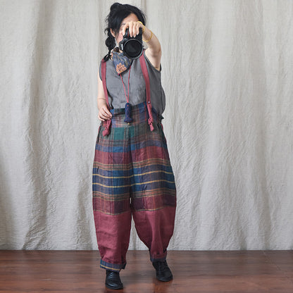 Fashion Patchwork Linen Leisure Suspender Pants