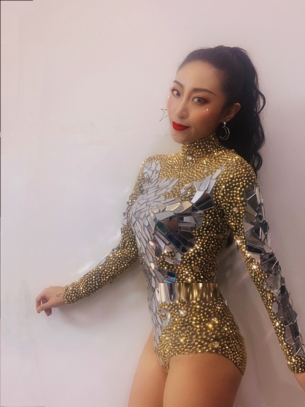 Vestido de cantante de escenario con diamantes de imitación personalizados