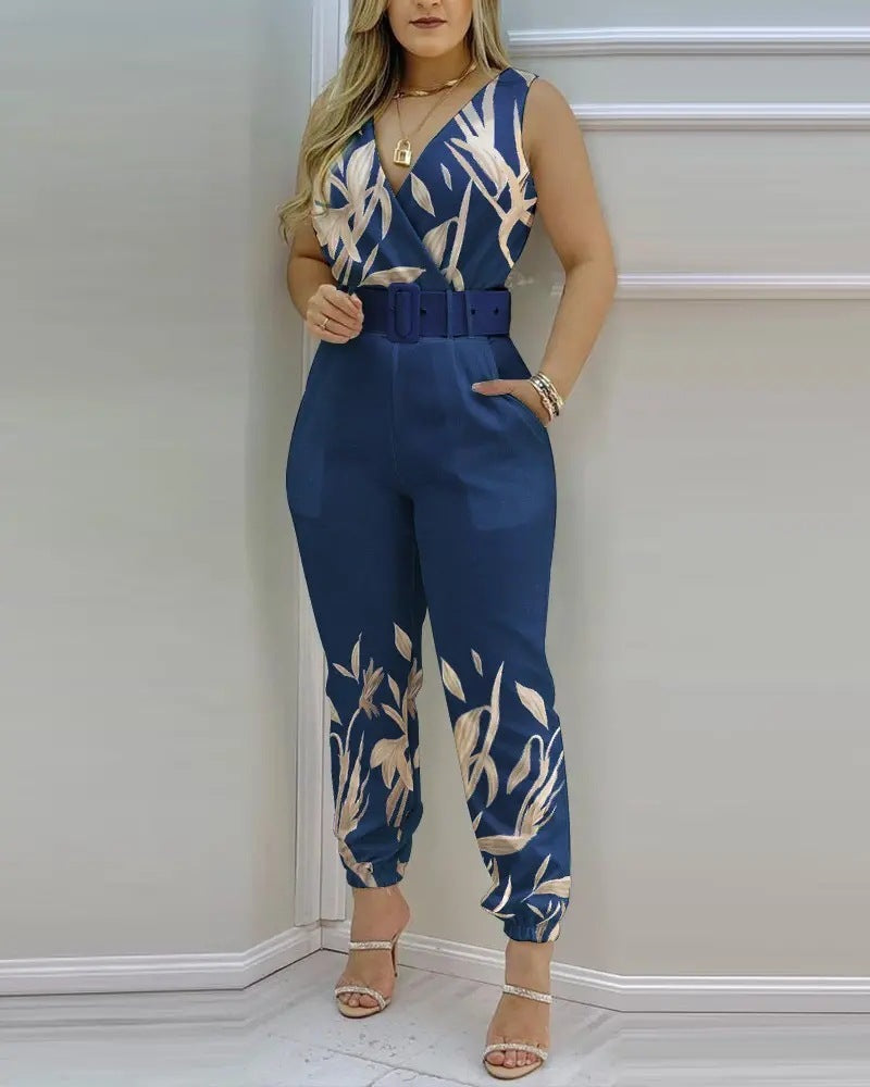 Women's V-Neck Backless Printed High Waist Jumpsuit