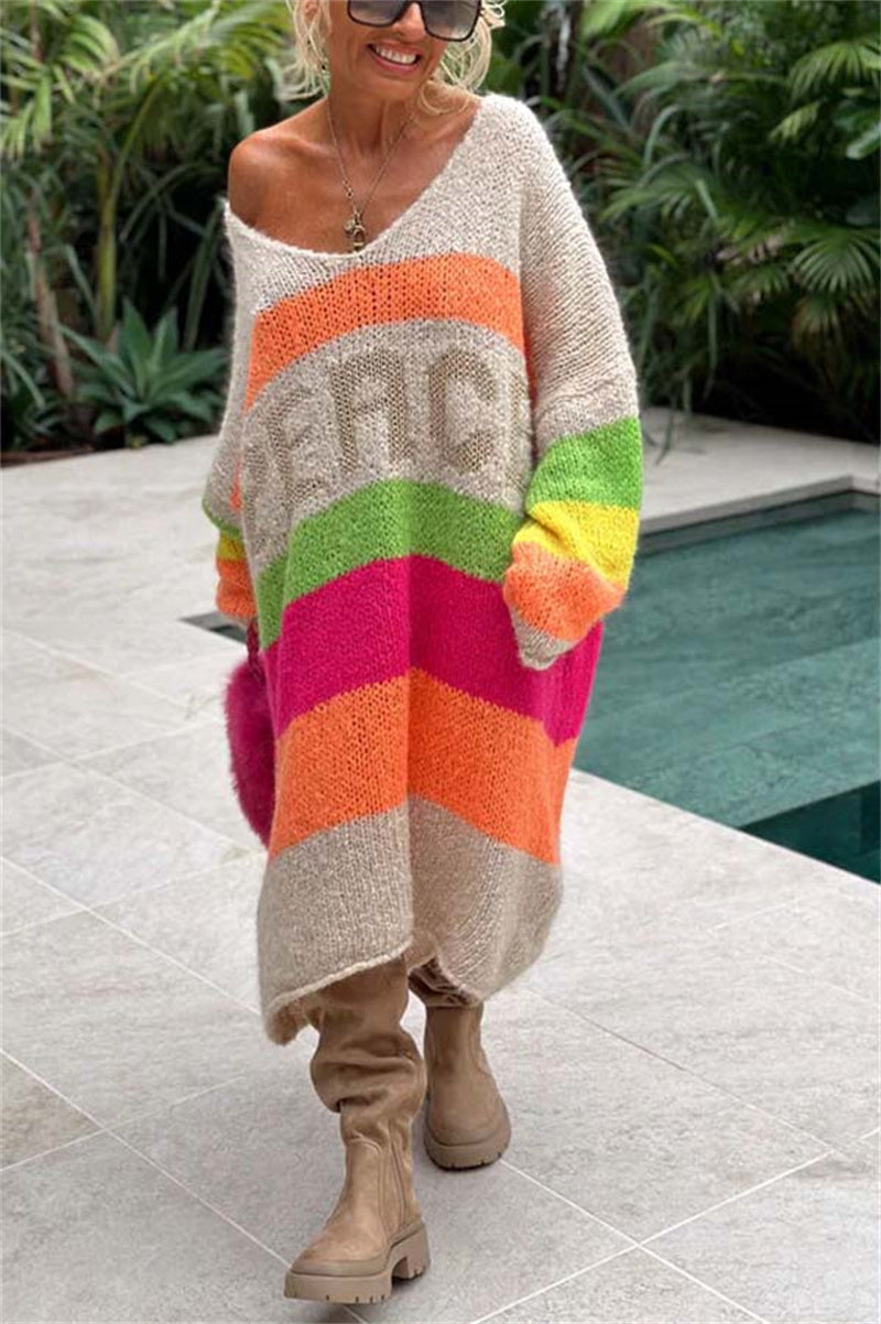 Women's Fashion Casual Rainbow Striped V-neck Loose Knitted Sweater