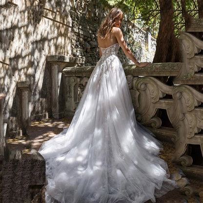 Vestido de novia ligero con escote en forma de tubo y abertura alta transparente para mujer