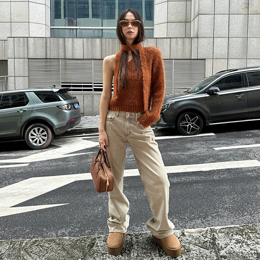 Camisa pequeña de mujer con parte inferior de mohair sintético para otoño e invierno