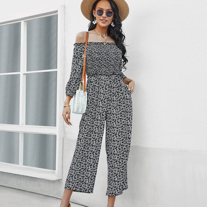 Wide Leg Pants Print Jumpsuit One Shoulder Top