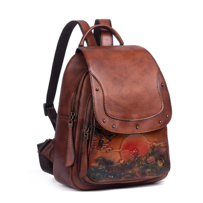 The First Layer Cowhide Retro Embossed And Polished Color Personalized Ladies Backpack