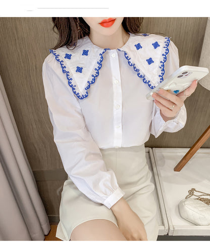 Contrasting Color Doll Collar Shirt Women Autumn And Winter