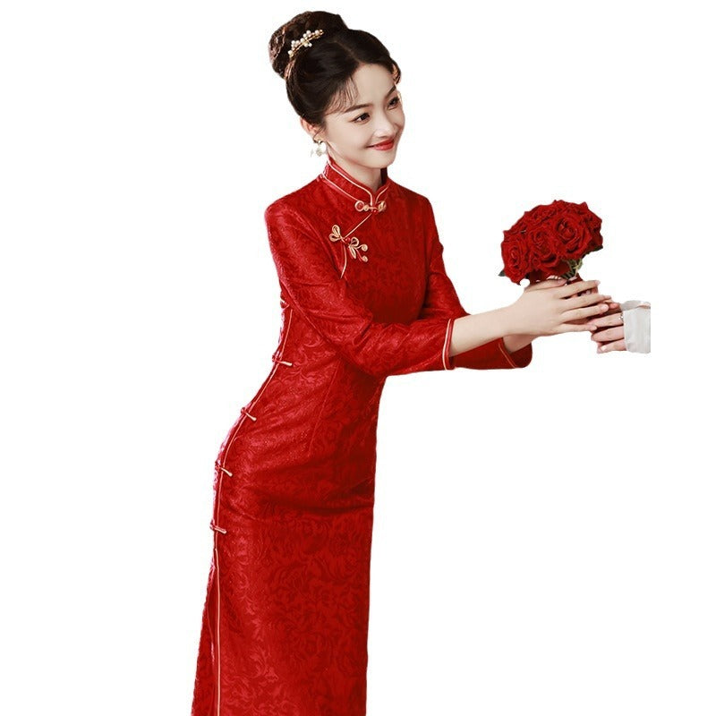 Three Composite Red Bridal Toast Dress Long Slim-fit Annual Meeting Cheongsam