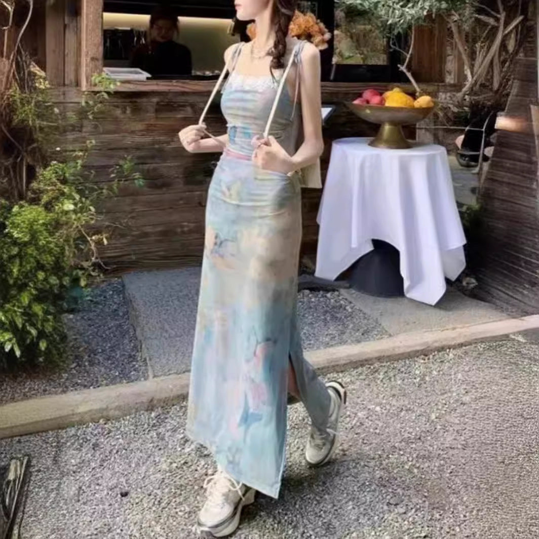 Vestido con tirantes con estampado de mariposas y pintura al óleo para mujer