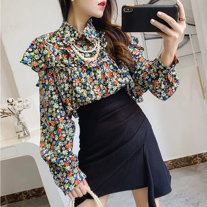 Puppenkragen Blumen Chiffon Shirt Frauen Kette Rüschen Top Bottoming Shirt