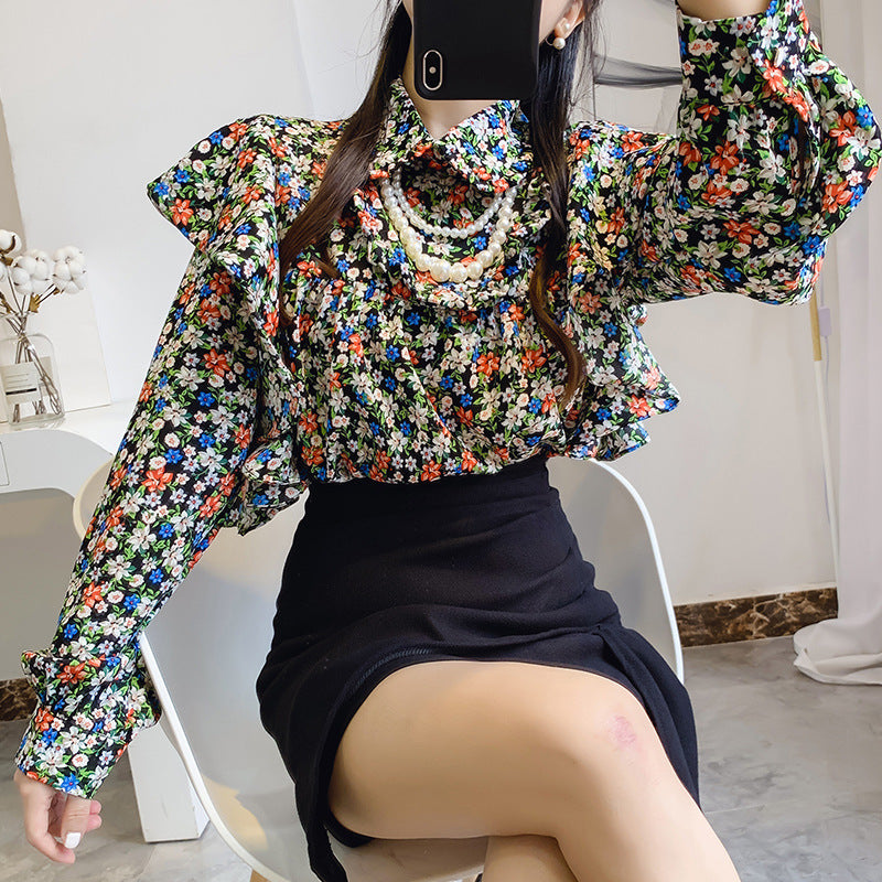 Puppenkragen Blumen Chiffon Shirt Frauen Kette Rüschen Top Bottoming Shirt