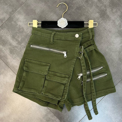 Workwear Denim Shorts Green Belt Loop Decorative Hot Pants