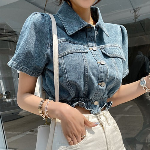 Denim Waist Fashion Slim Short Sleeve Top