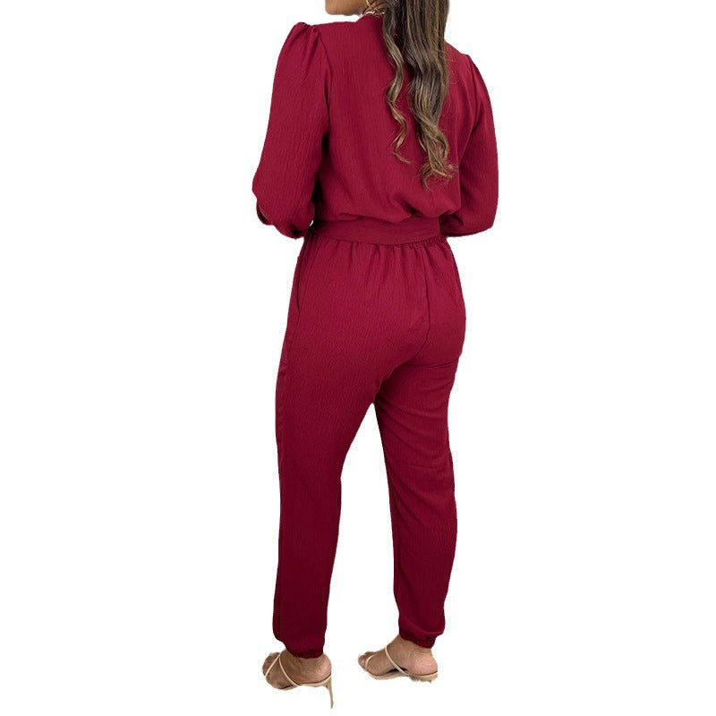 Women's Fashionable Elegant V-neck Solid Color Long Sleeve High Waist Cropped Jumpsuit