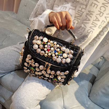 Bolso de hombro con remaches y cuentas de diamantes de imitación para mujer