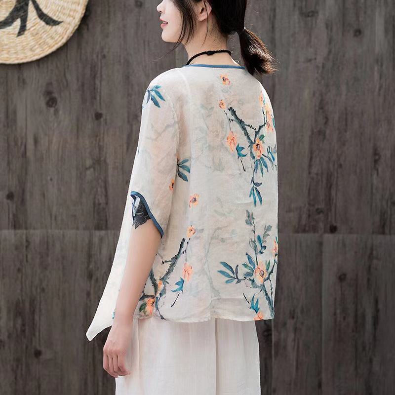 Camisa retro Hanfu con botones de disco, talla grande, suelta, de ramio